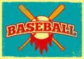 Baseball vector grunge emblem with crossed bats and ball flame. Baseball typographical vintage grunge style poster design.